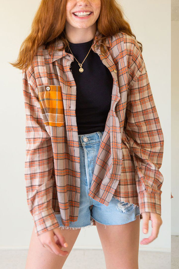 Three-color Stitching Single-breasted Lapel Plaid Shirt