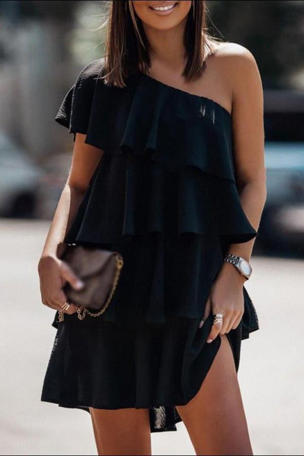 Solid Sloping Shoulder Ruffle Dress