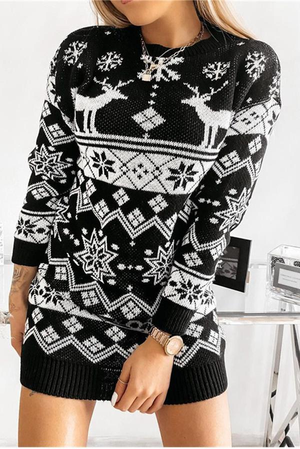 Elk Snowflake Christmas Jacquard Knitted Dress