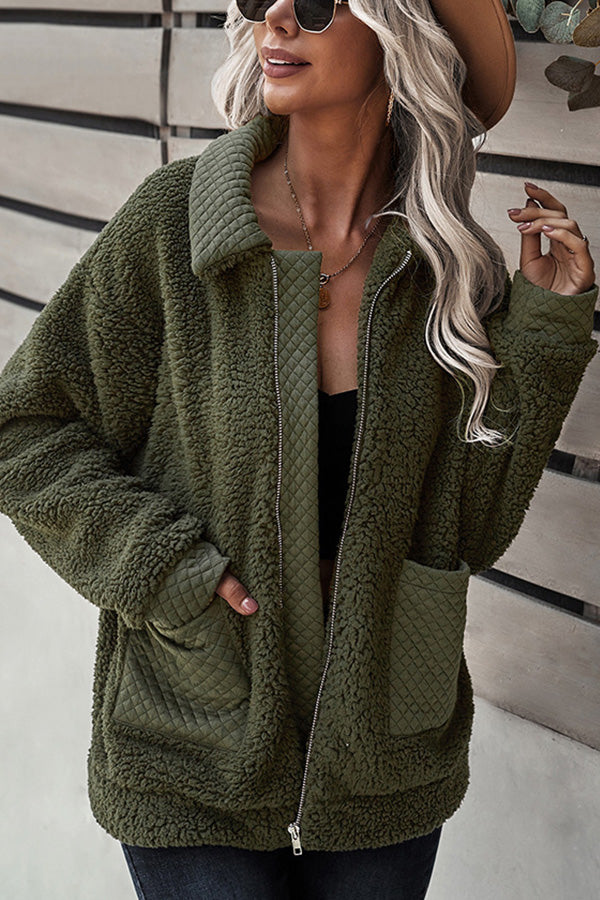 Long Sleeve Pocket Detail Zip Up Teddy Coat