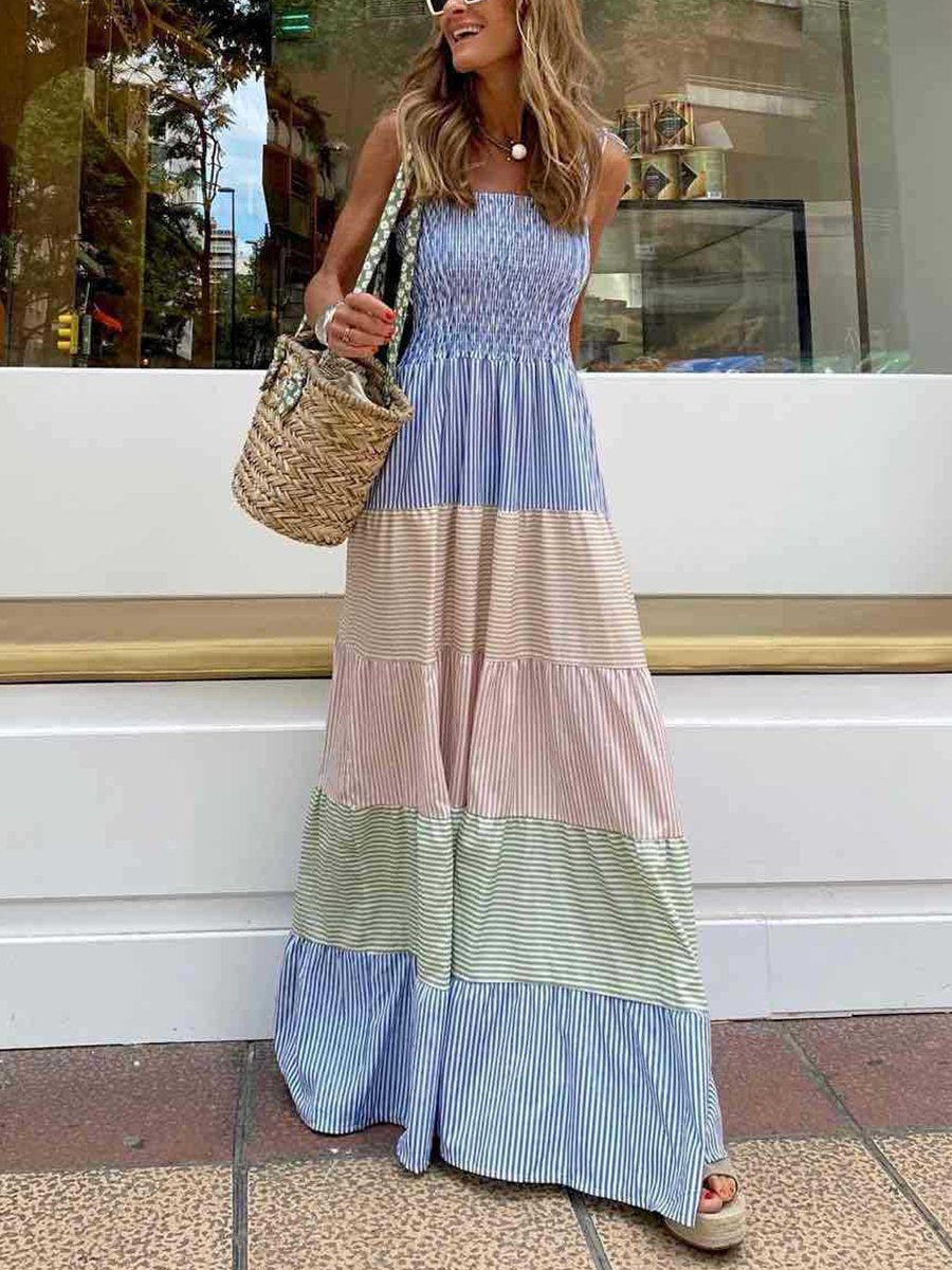 Colorblock Striped Straps Smocked Maxi Dress