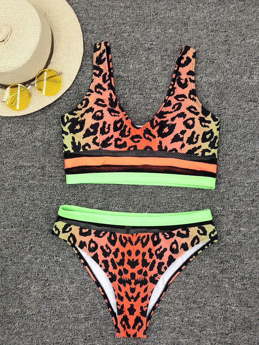 Women's Bikinis Leopard High Waist Sleeveless U Neck Padded Unadjustable Wire-free Sexy Beach Vacation Bikini Suit
