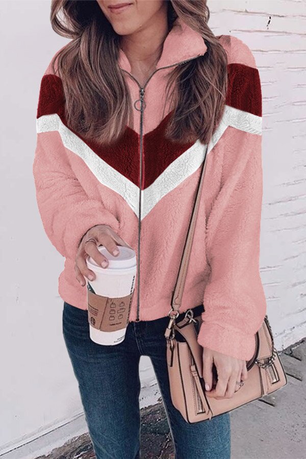 Cozy Colorblock Chevron Zipper Faux Jacket