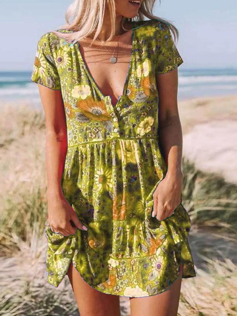 V-neck Short Sleeve Boho Print Mini Dress