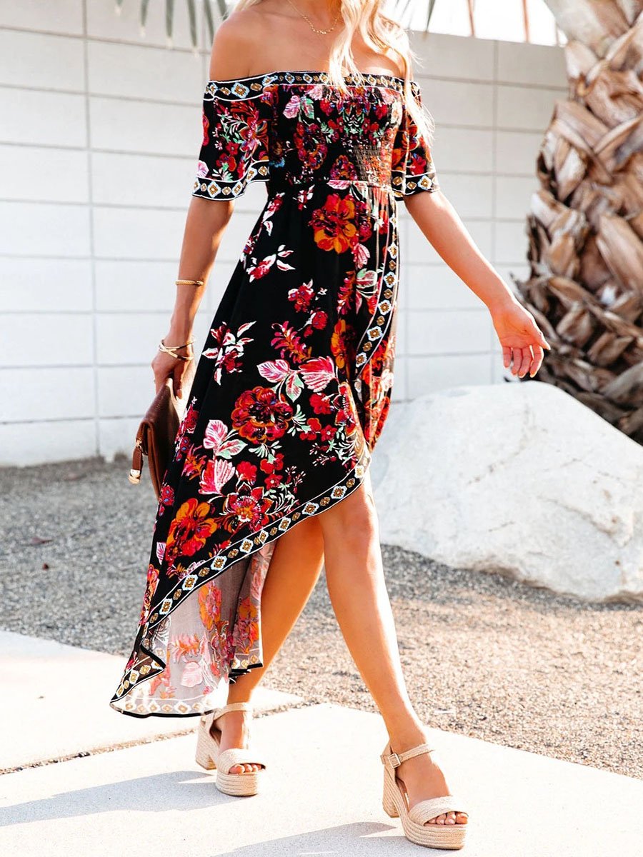 Off Shoulder Floral Print Irregular Dress