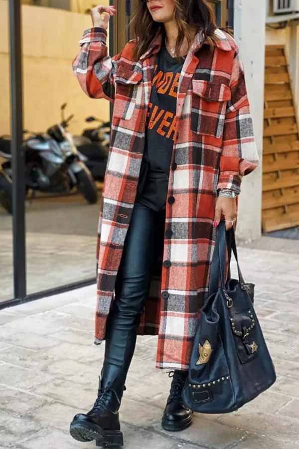 Lapel Plaid Coat Tops