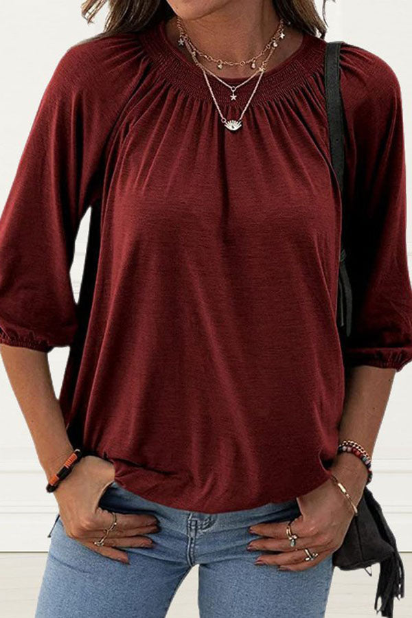 Casual Round Neck Three Quarter Sleeve T-shirt