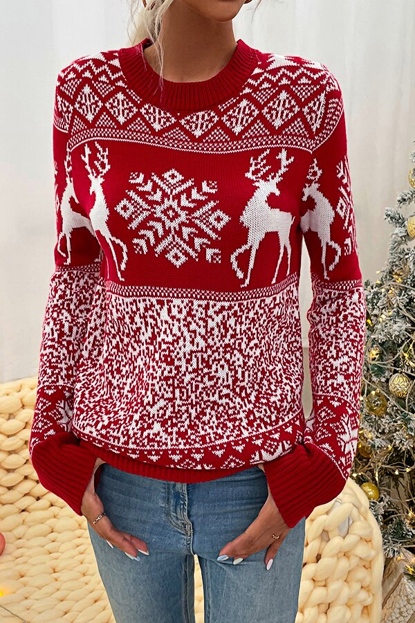 Christmas Knit Round Neck Elk Sweater