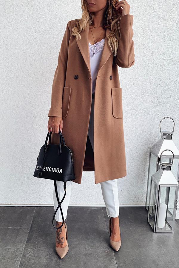 Solid Color Double-pocket Suit Collar Woolen Coat