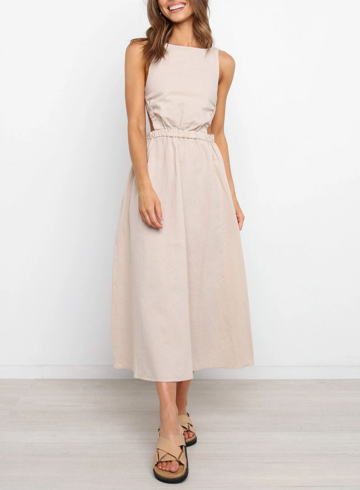 Backless Solid Color Sexy Cotton Linen Dress