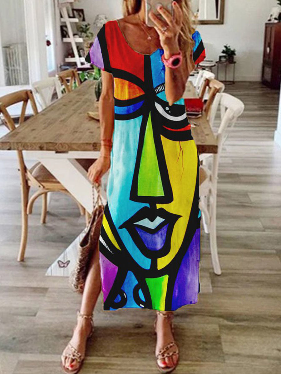 Short Sleeve Shift Casual Abstract Color-Block Maxi Dress