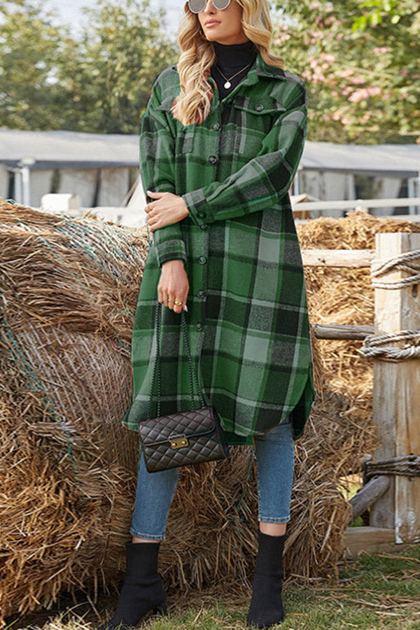 Plaid Lapel Loose Long Sleeve Woolen Trench Coat
