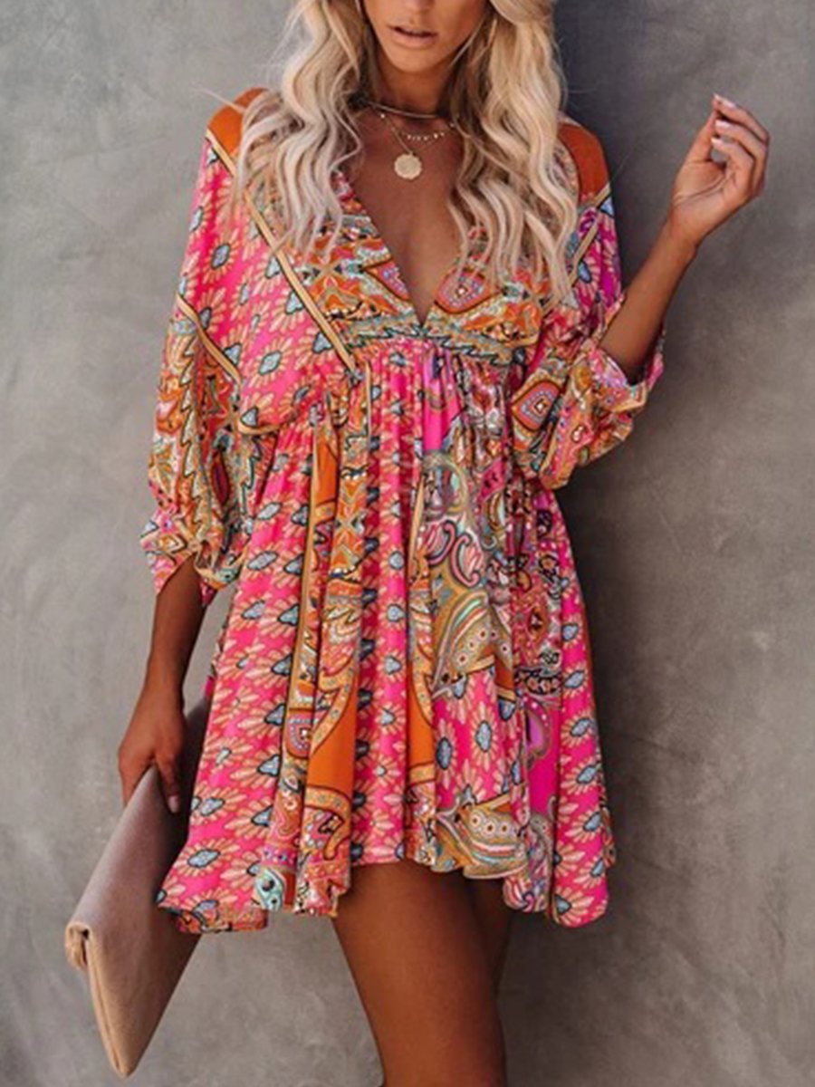 Multicolour V Neck 3/4 Sleeve Bohemian Mini Dress