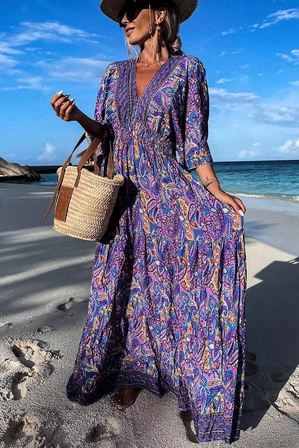 Ocean Sunset Paisley Print Boho Maxi Dress