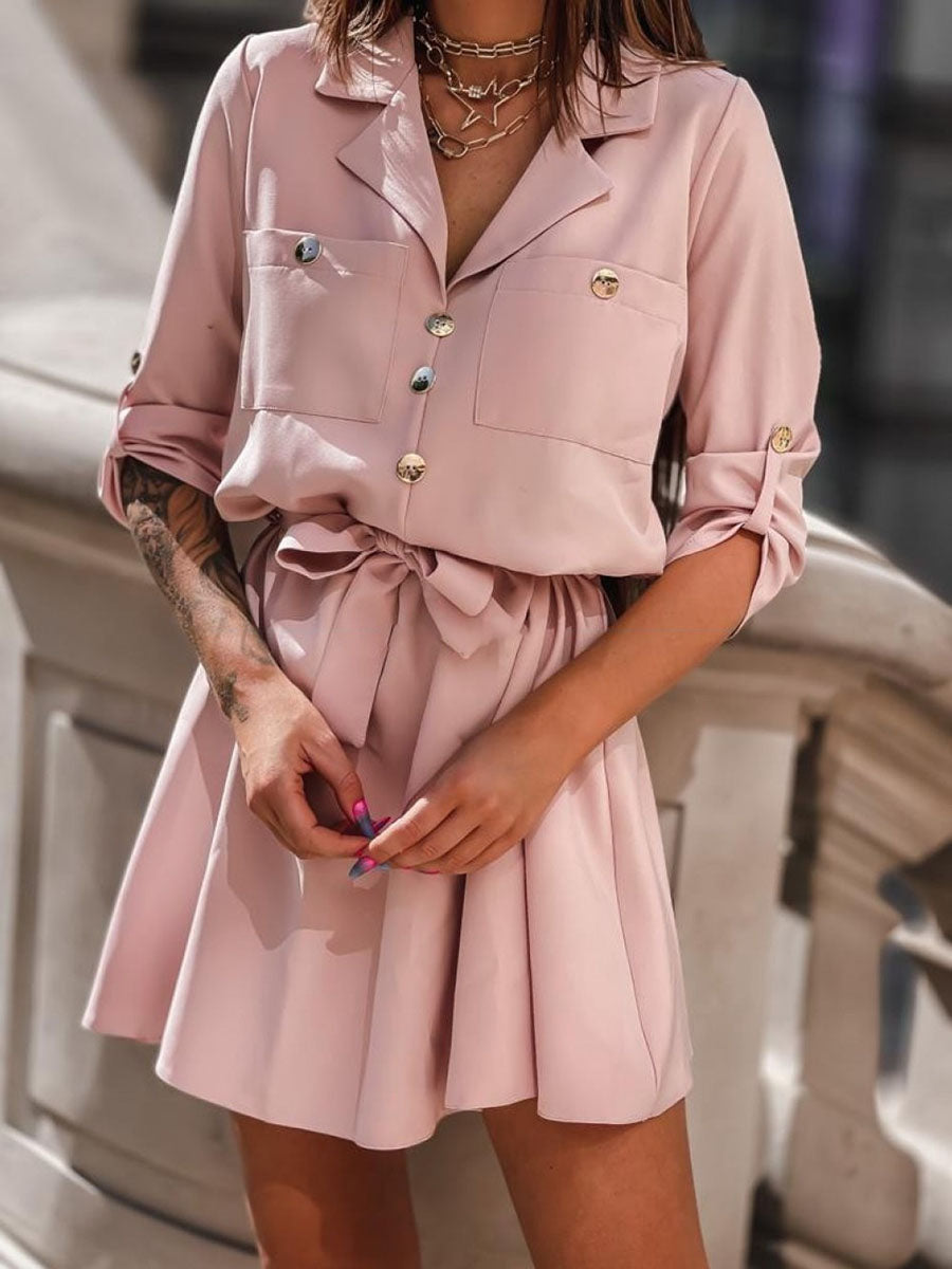 Solid Lapel Neck Bidded Shift Mini Dress