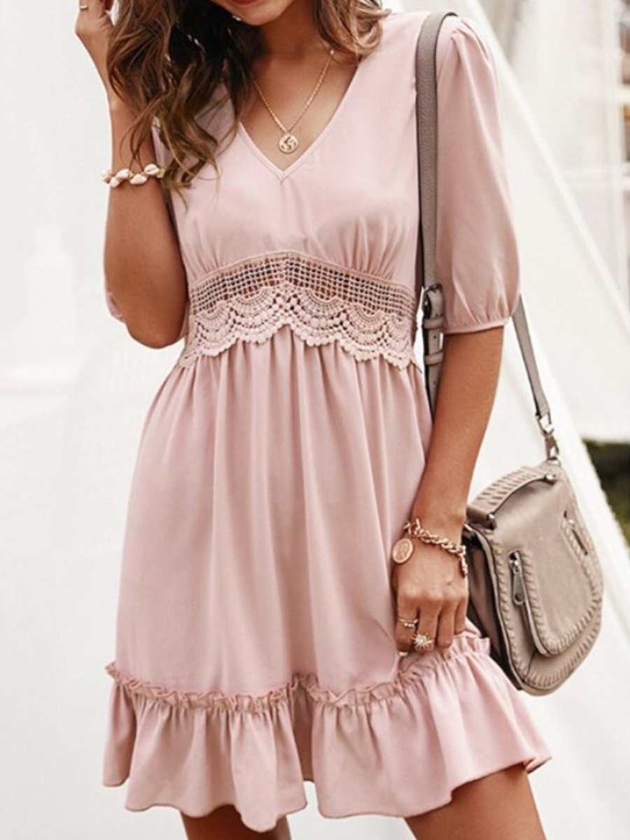 Fashion Street Solid Split Joint V Neck Short Sleeve Dresses