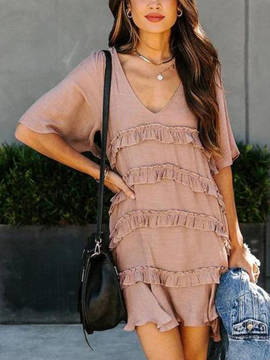 V-neck Half-sleeve Ruffle Mini Dress