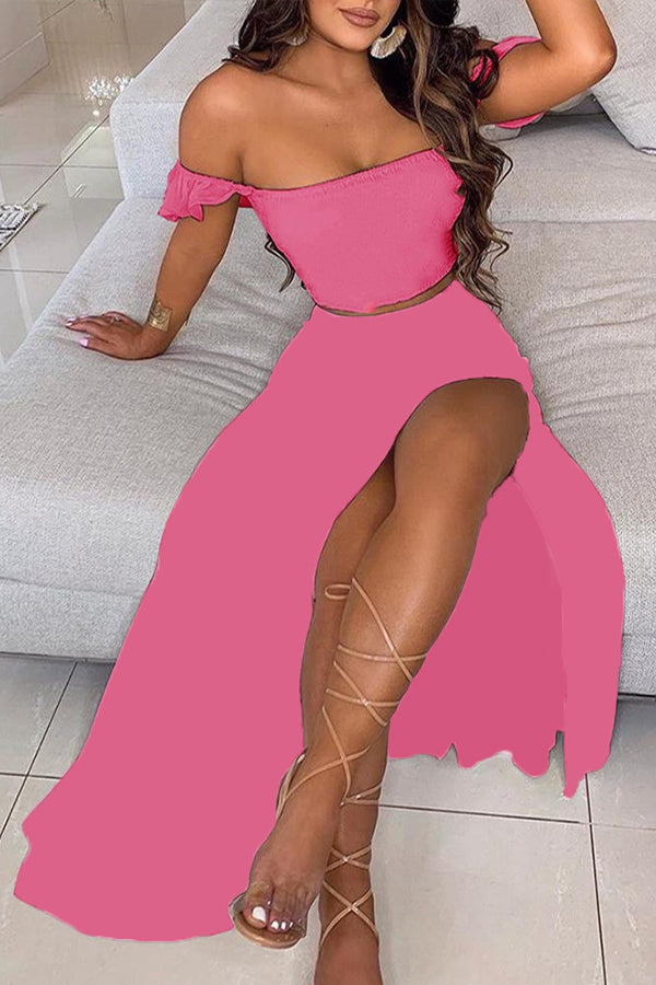 Off Shoulder Ombre Colorblock Top & High Slit Maxi Skirt Sets
