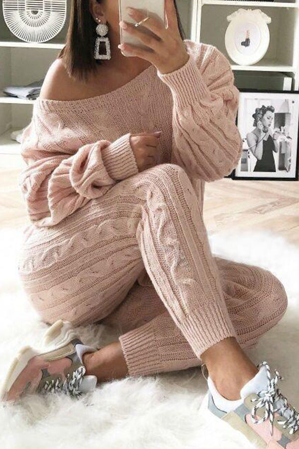 Twist Pattern Solid Color Casual Knitted Two-Piece Suit