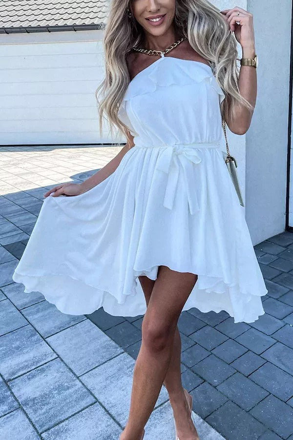 Stay Beautiful Chain Neck Ruffle High Low Dress