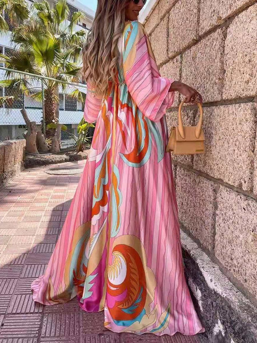 Digital Print V-neck Smocked Split Floor Length Dress
