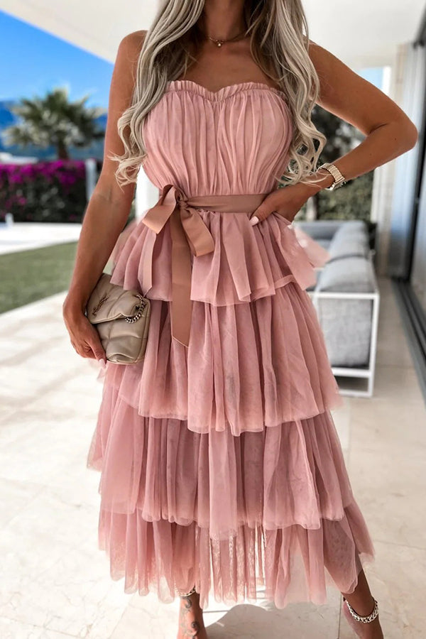 Mesh Wrap Chest Sexy Cake Layered Dress