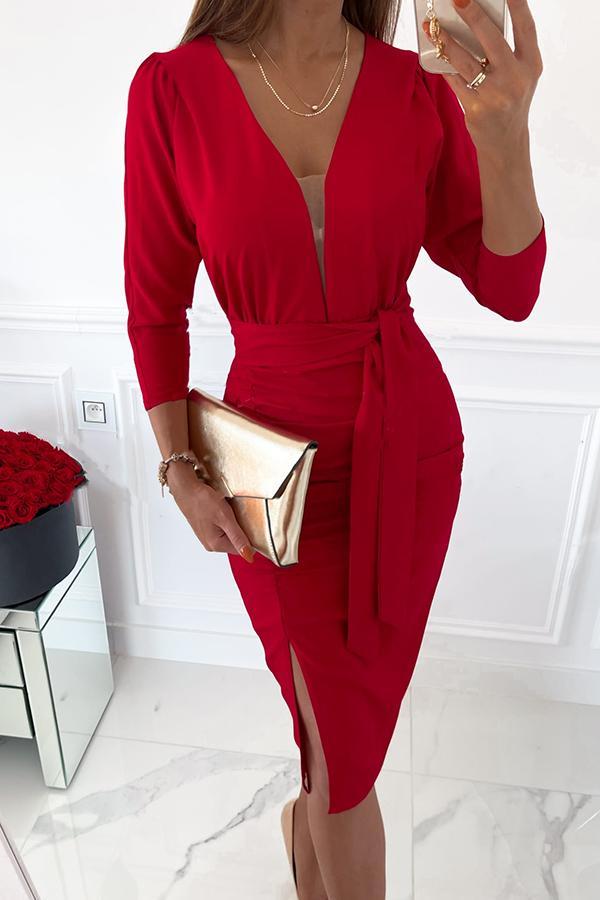 Balcony Nights V- Neck Ruched Slit Party Dress