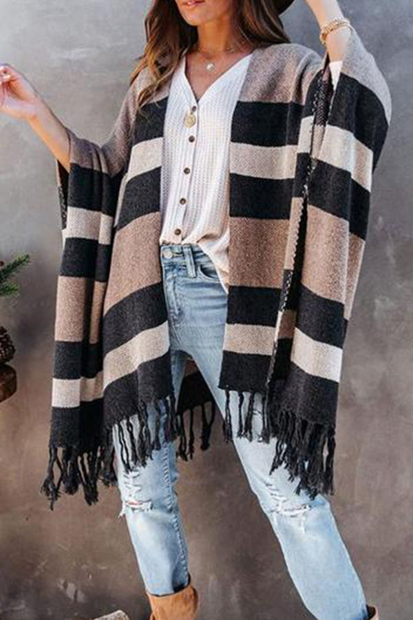 Tartan Plaid Tassel Poncho Cardigan