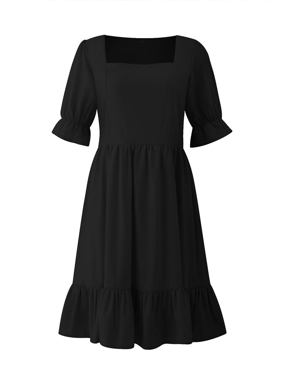 Solid Square Neck High Waist Mini Dress