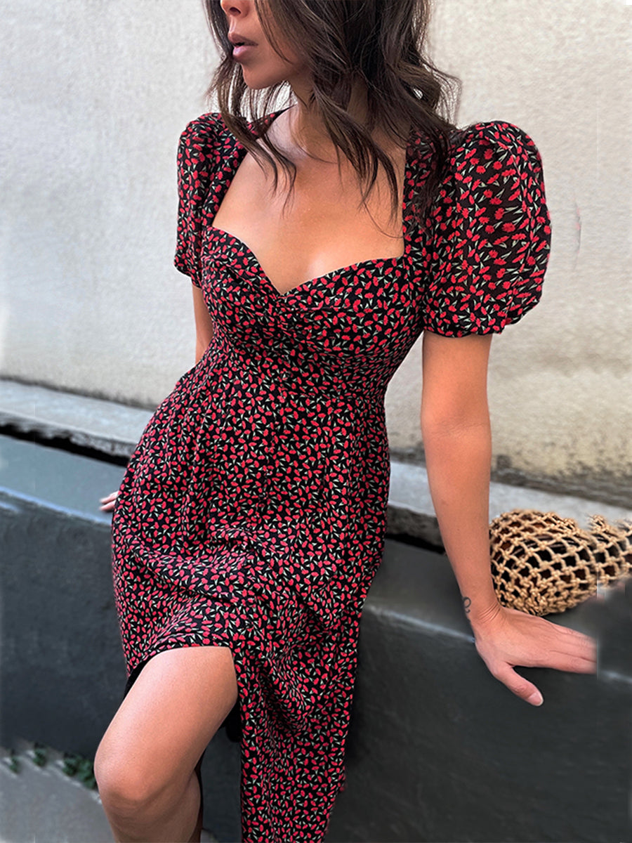 Floral Print Bubble Sleeve Dress
