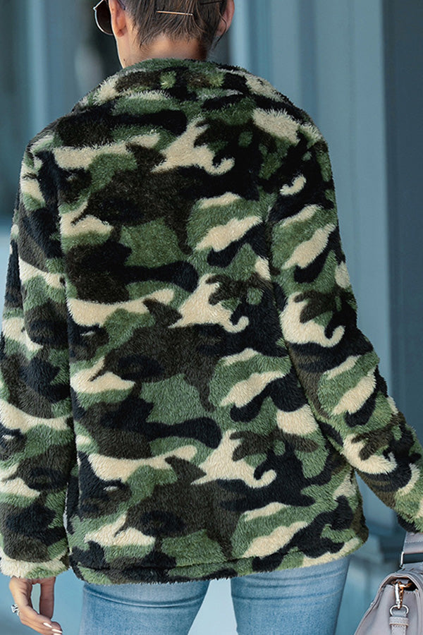 Camouflage Print Pocket Zipper Design Teddy Coat