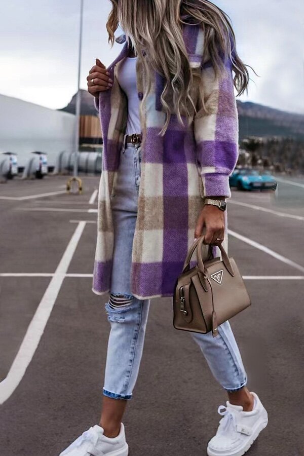 On-trend Mid-length Plaid Lapel Button Down Coat