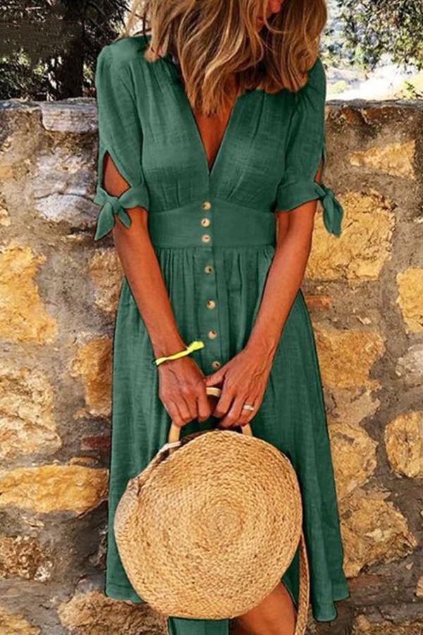 Casual V Neck Lace Button Midi Dress