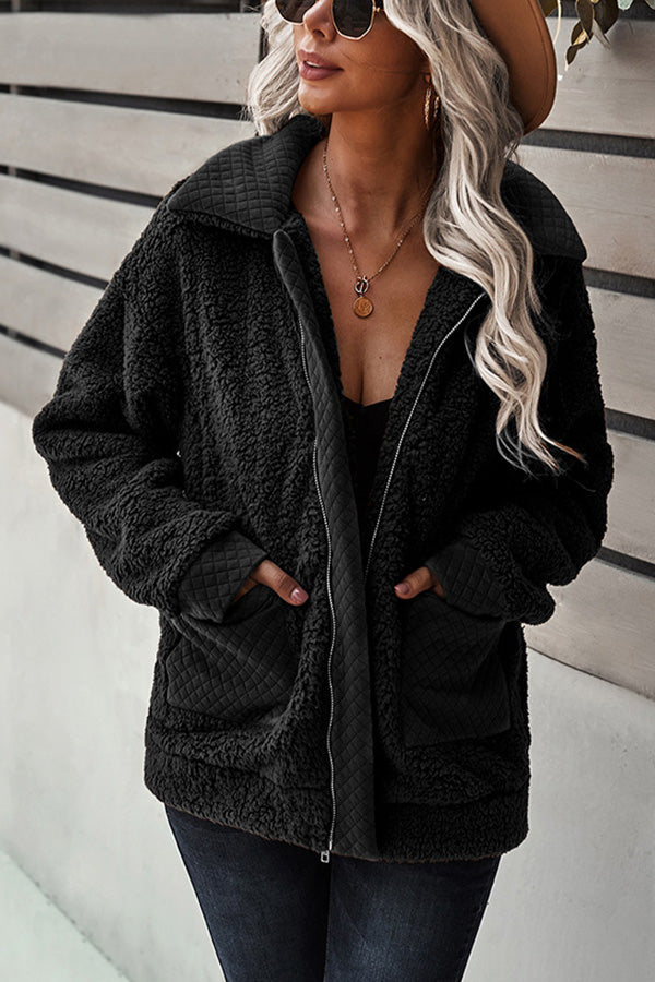 Long Sleeve Pocket Detail Zip Up Teddy Coat