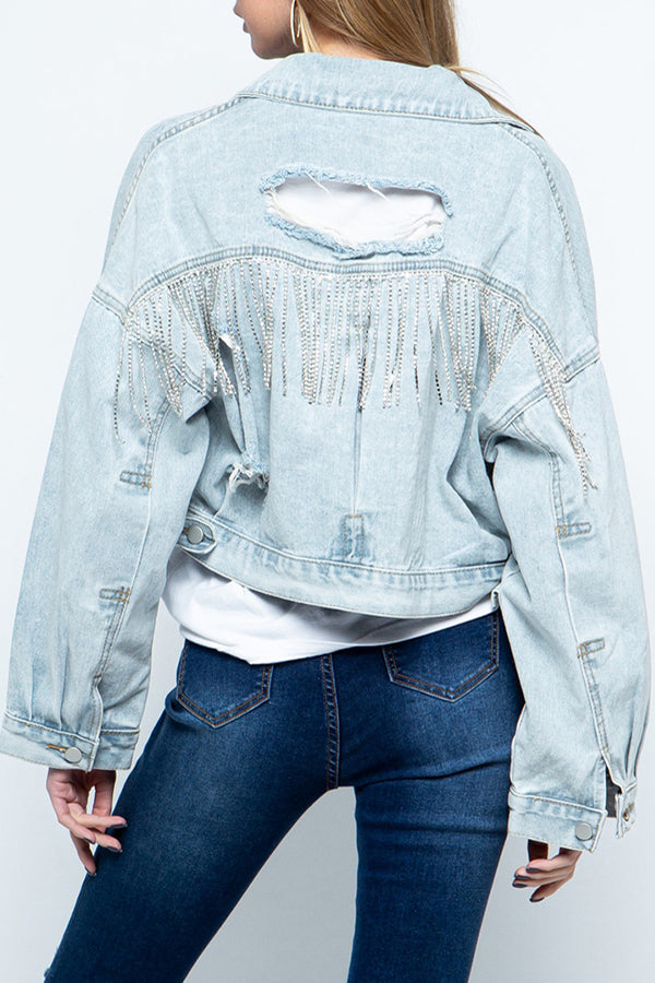 Ripped Rhinestone Fringed Denim Jacket