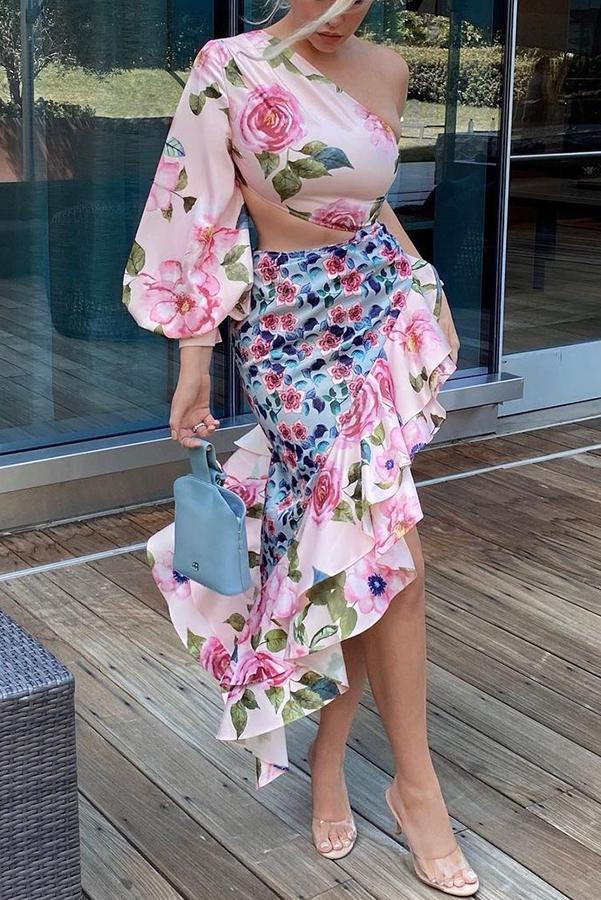 Flower Print One-shoulder Skirt Suit