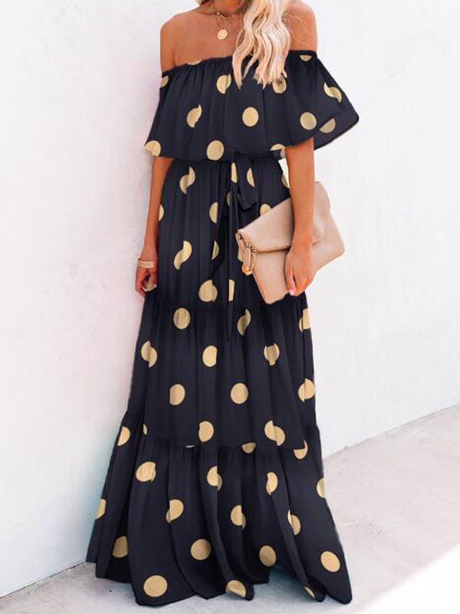 Print Off Shoulder Layered Ruffles Maxi Women Dress