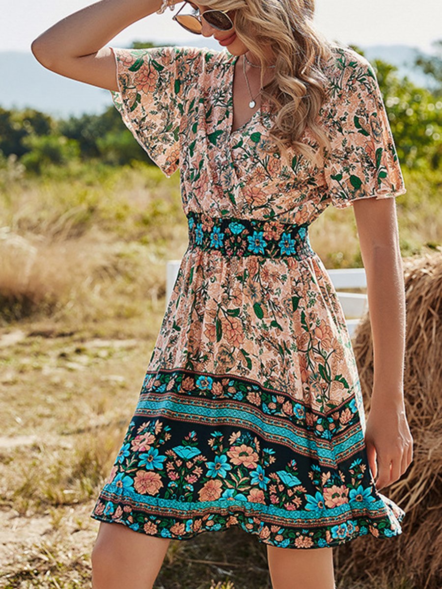 Short Sleeve Bohemian Print Dress