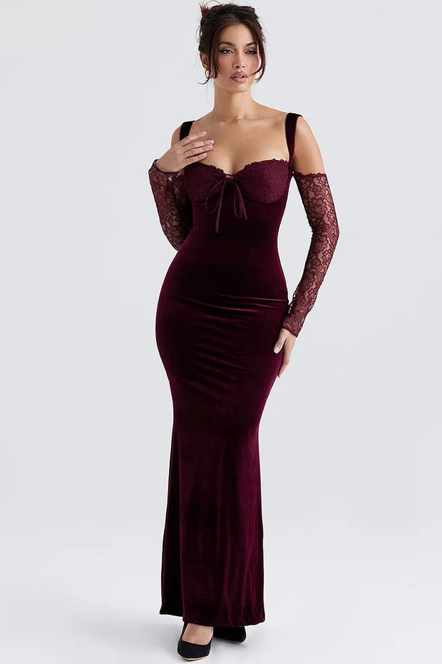 Cold Shoulder Lace Sleeve Bodycon Velvet Formal Party Maxi Dresses   ChicGirlsBoutique