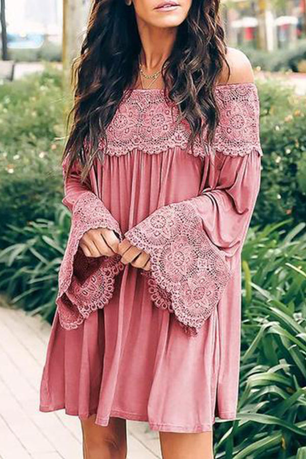 Off-Shoulder Lace Stitching Flared Sleeve Mini Dress