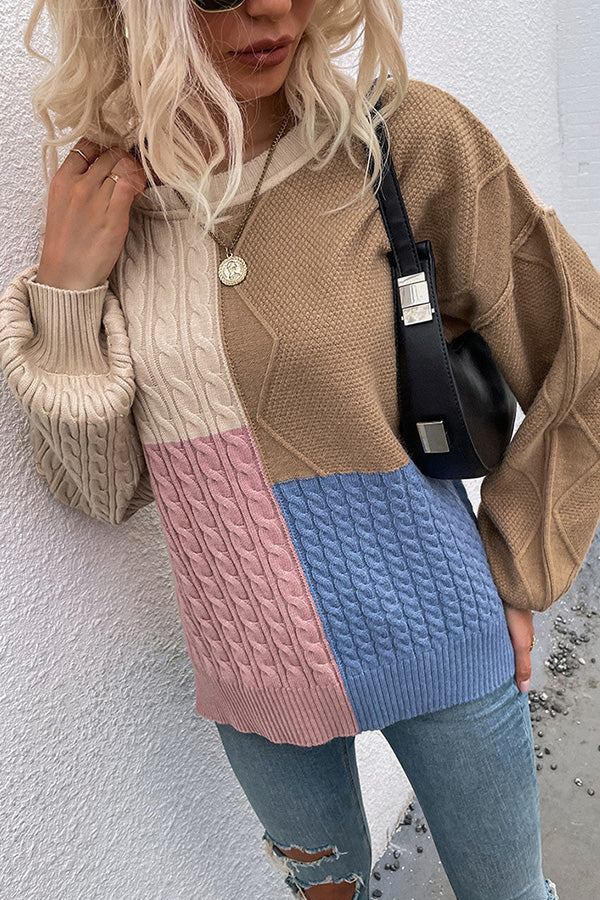Square Stitching Contrast Color Twist Lantern Sleeve Sweater
