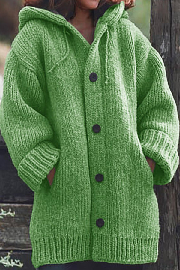 Button Down Hooded Knitted Cardigan Plus Size Outerwear For Women