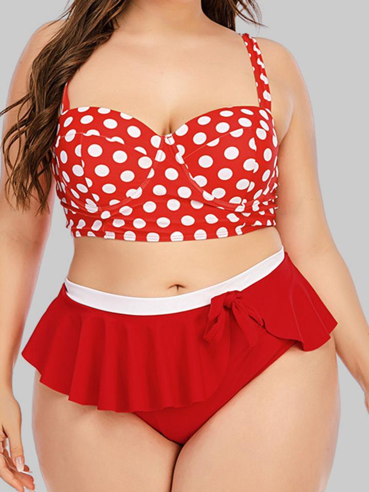 Dot Print Flounce Bow-tie Decoration Red Tankini