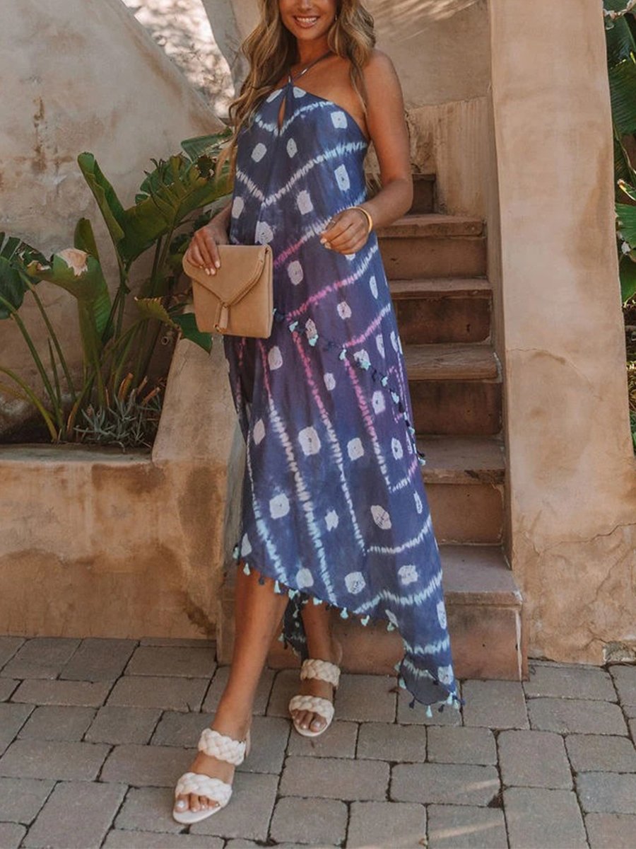 Bohemian Print Halterneck Strap Midi Dress