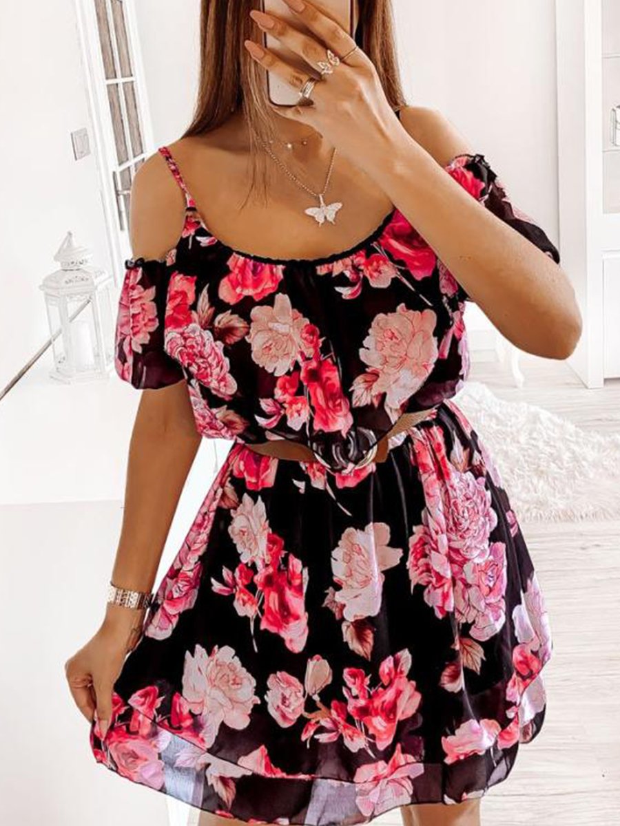 Cold-shoulder Flower Print Chiffon Mini Dress
