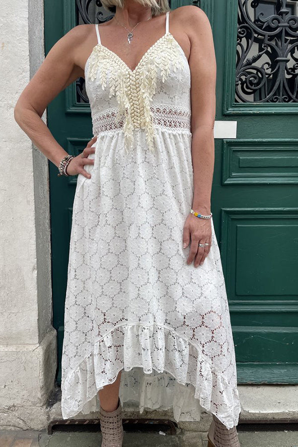 Lace Suspender Swing Solid Color Midi Dress