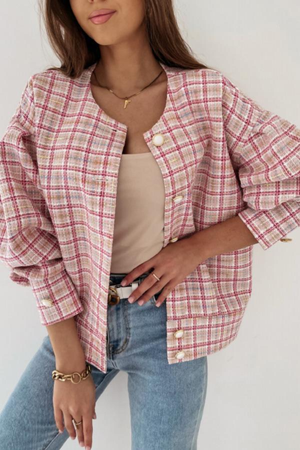 Round Neck Plaid Wool Short Coat