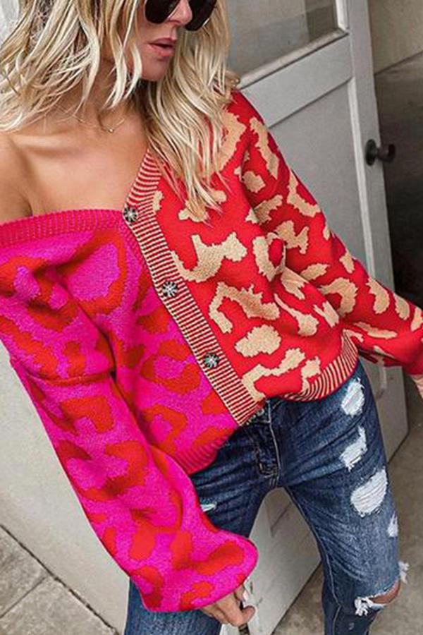 Two-Tone Button Front Leopard Cardigan