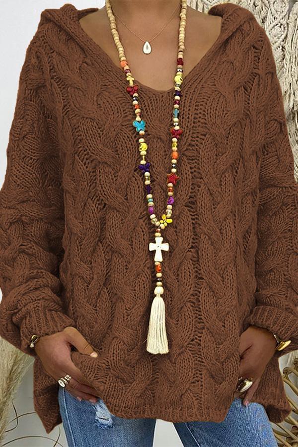 V-neck Hooded Loose Pullover Sweater
