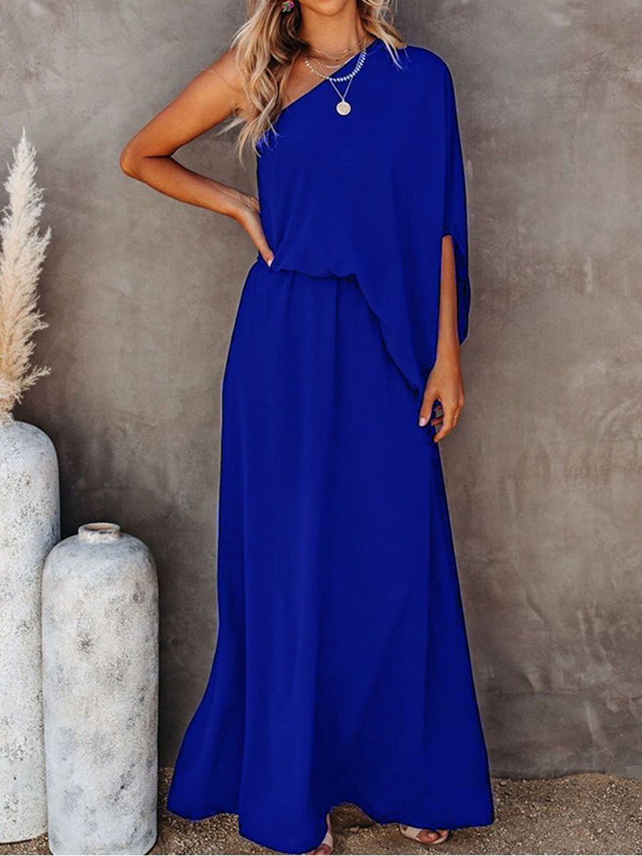 One-shoulder Solid Split Side Maxi Dress